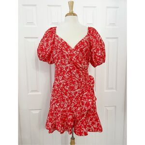 Sachin & Babi Womens Red White Floral Bird Print Ruffle Trim Dress Size 10 NWT